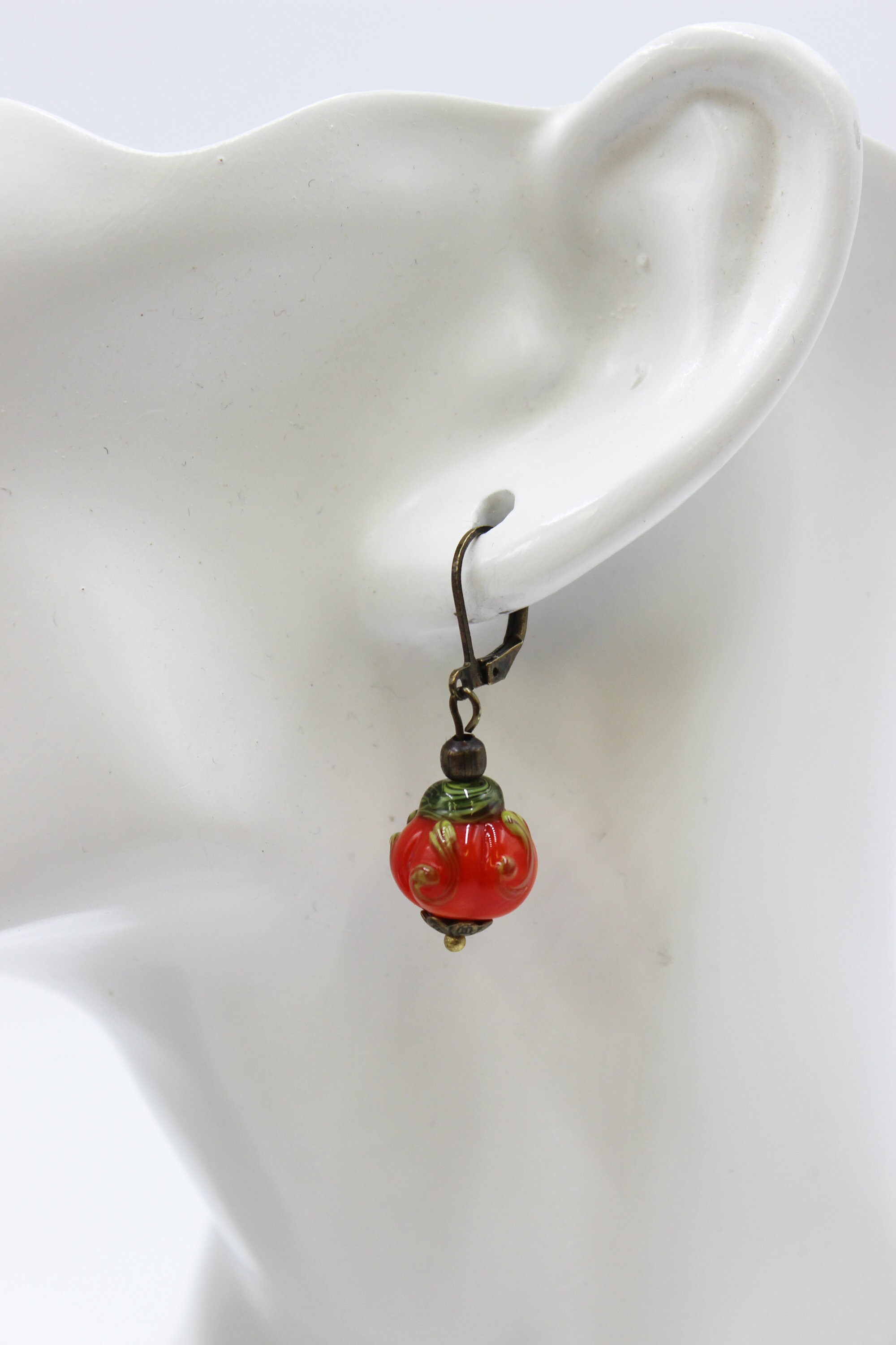 Boucles D'oreilles Citrouille En Verre Lampwork - Fait Main En Bronze - Thème Automne/Halloween