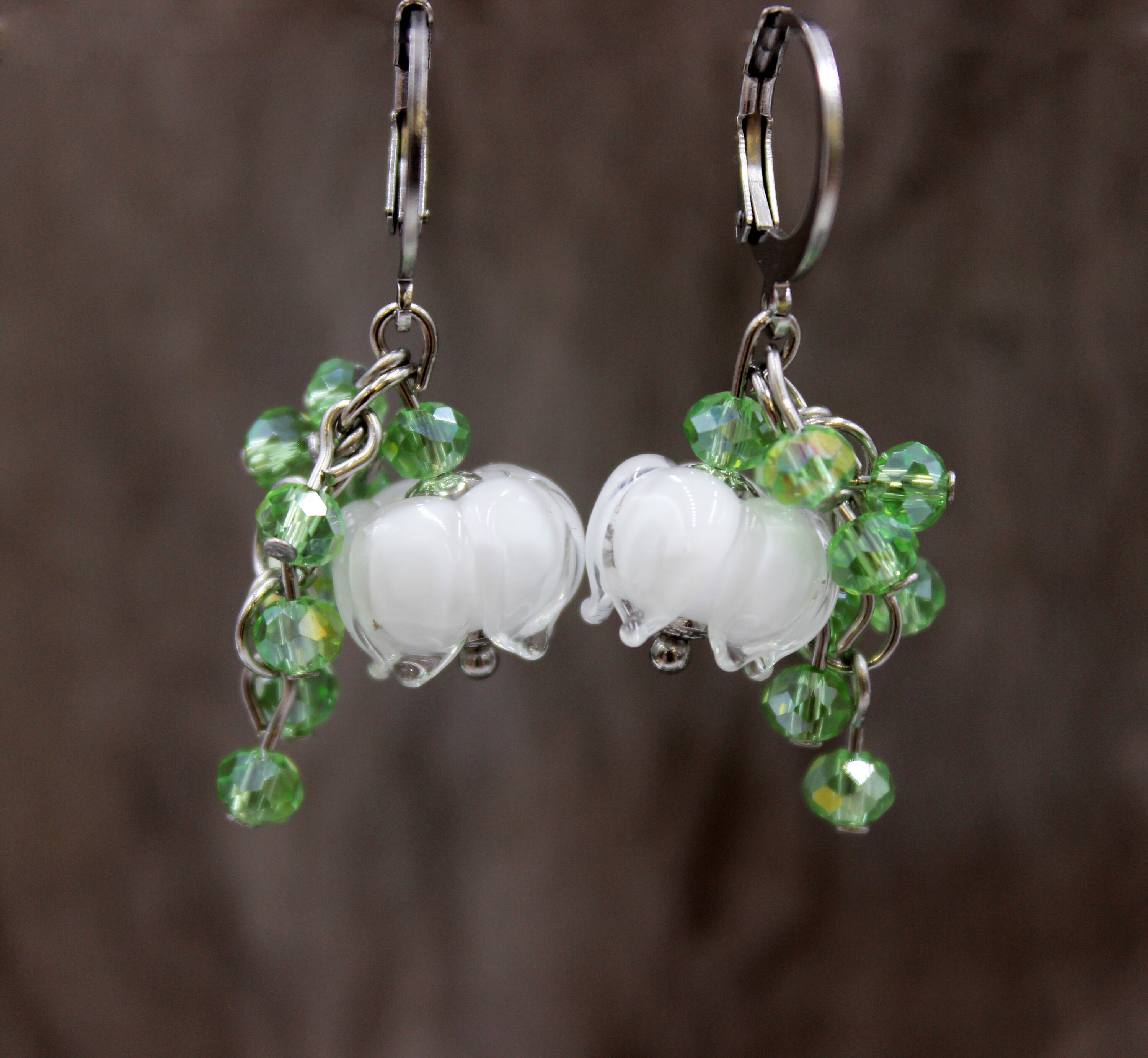 Earrings Lily of the Valley Flowers Earrings Lampwork Beads Stainless Steel Boho #L069