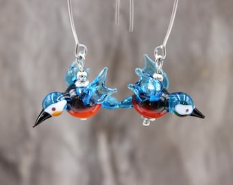 Kingfisher Bird Earrings Drop Earrings Elegant Lampwork Beads Stainless Steel #L027
