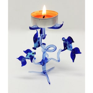 Decoration glass tealight holder fish blue mouth-blown handmade