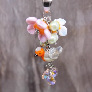 Robin kwiatowy naszyjnik ptasi wiosenny wisiorek naszyjnik z koralików lampwork #MB089