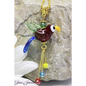 Gold Pendant Necklace Parrot Bird of Paradise Beaded Lampwork #B054