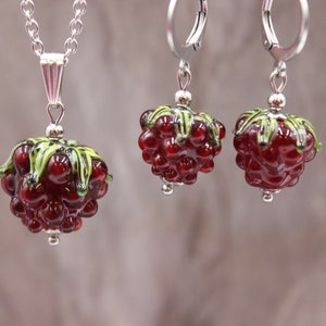 Schmuckset Himbeeren Früchte Ohrringe Kette Damen Edelstahl #E024