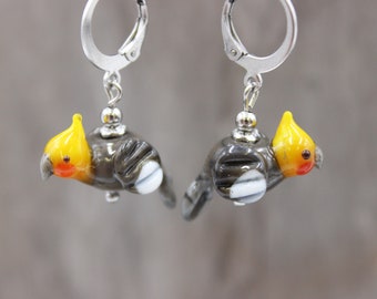 Cockatiel Bird Earrings Elegant Lampwork Beads Stainless Steel #L090