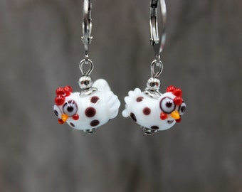 Easter Earrings Drop Earrings Pearls Hen Chicken White Polka Dots Lampwork Stainless Steel #L049