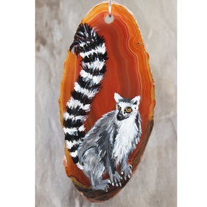 Pendant Lemur Katta Animal Necklace Agate Gemstone Hand Painted Ladies Jewelry #MC014