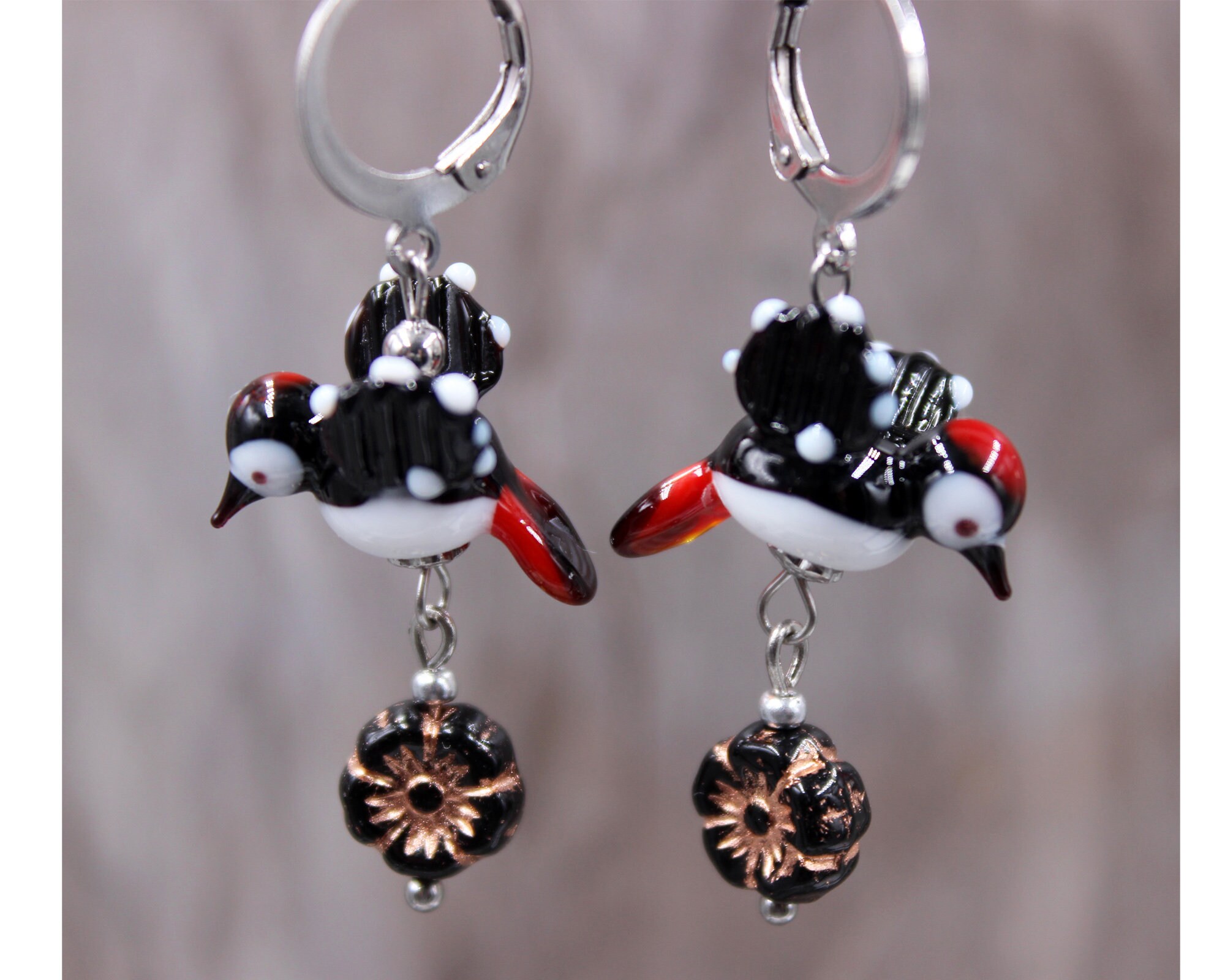 Buntspecht Vogel Ohrringe Ohrhänger Lampwork Perlen Tschechische Blüten #LB005