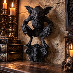 Könnte beinhalten: Eine mattschwarze Wasserspeier-Skulptur, die eine kauernde Kreatur mit großen spitzen Ohren, scharfen Krallen und einem breiten Grinsen zeigt. Die Figur steht auf einem dekorativen Sockel, der in der Mitte ein kleineres, geschnitztes Gesicht zeigt.