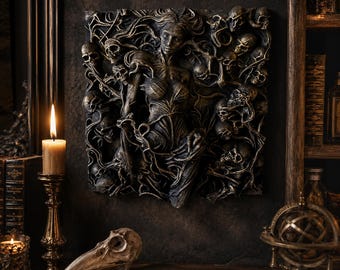 Gothic Goddess of the Dead Wall Decoration 15 cm, Black Bronze Sculpture of a Woman and Skulls, Dark Fantasy Wall Art, Cabinet of Curiosities