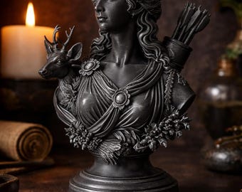 Artemis Bust Statue Silver – Greek Goddess Sculpture – Diana Goddess Decor – Mythology Statue – Greek Mythology Bust – Dark Fantasy Home