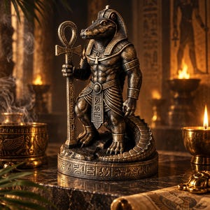Op de afbeelding: Een bronskleurig standbeeld van de Egyptische godheid Sobek, afgebeeld met een krokodillenkop en een gespierd menselijk lichaam. Het figuur staat op een ronde voet, houdt een ankh-staf vast en draagt kleding in Egyptische stijl.