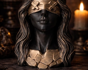 Blind Oracle Priestess Bust – Dark Gothic Sculpture – Mystic Fantasy Home Decor – Black and Gold Statue – Dark Academia Art