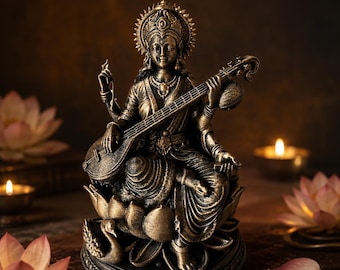 Saraswati Goddess Statue 14 cm, Hindu Sculpture with Instrument, Black Bronze Spiritual Decor, Lotus Statue, Yoga Gift