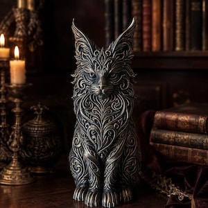 Pode incluir: Escultura de gato ornamentada em bronze com intrincados padrões florais e em espiral. O gato tem orelhas pontudas e está sentado. A escultura está sobre uma superfície de madeira escura, com velas e livros ao fundo.