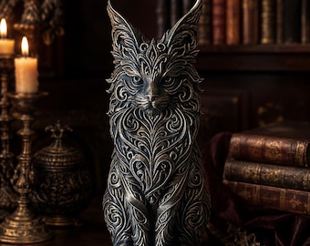 Maine Coon Cat Statue 17cm, Black and Silver Cat Sculpture, Mystical Feline Decoration, Fantasy Cat Figurine, Gift for Cat Lovers