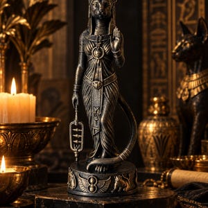 Op de afbeelding: Een donker bronskleurig standbeeld van een antropomorfe katgodheid op een ronde voet. De figuur draagt gedrapeerde kleding, houdt een sistrum in één hand en heeft een lange staart. De voet is versierd met reliëfs van scarabeeën.