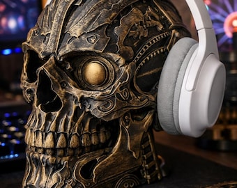 Cyberpunk Skull Headphone Stand – Steampunk Skull – Gaming Headphone Stand – Geek Gamer Decoration – Skull Headphone Stand