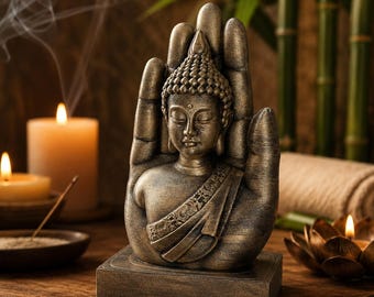 Protective Hand Buddha 15 cm, Black Bronze Zen Buddha Statue, Meditation Sculpture, Spiritual Decor, Buddhist Gift