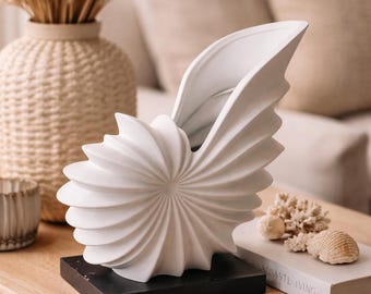 Decorative Seashell Design – Seaside Sculpture Vase – Modern Mediterranean Decor – White Decorative Object – Coastal Home Decor – Shell Vase