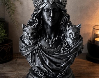 Buste Déesse Freyja avec Chats, Statue Nordique Noir Argent, Décoration Viking Mystique, Sculpture Mythologie Scandinave, Cadeau Païen