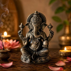 May include: A metallic bronze-toned statue of the deity Ganesha in a seated position. The figure features an elephant head, four arms, and intricate jewelry details. The statue is depicted with a trunk curved to the left, holding a small round object in one hand, while another hand is raised in a gesture of blessing.