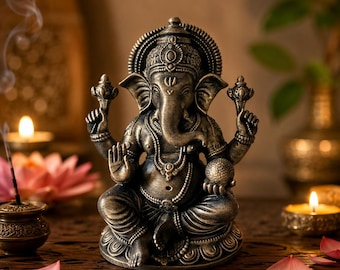 Ganesh Statue 14 cm, Black Bronze Hindu Sculpture, Spiritual Decoration for Yoga and Meditation, Ganesha Figurine, Zen Gift