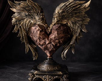 Winged Geometric Heart – Romantic Baroque Style Decorative Statue – Dark Fantasy Sculpture – Cabinet of Curiosities Decor – Gift Idea