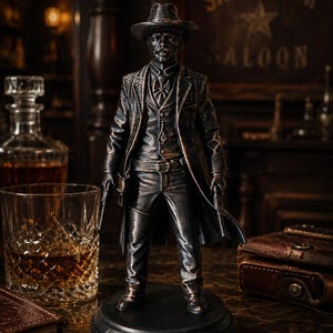 Peut inclure: Figurine de cowboy couleur bronze, tenant deux pistolets, sur un socle noir. La figurine porte un chapeau, un long manteau et un gilet. Un verre de whisky et une carafe sont en arrière-plan, avec une enseigne "Silver Spur Saloon".