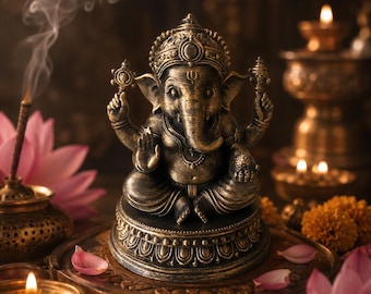 Vishnu Ganapathy Statue 13 cm, Black Bronze Hindu Ganesh Sculpture, Spiritual Decor for Yoga and Meditation, Zen Gift