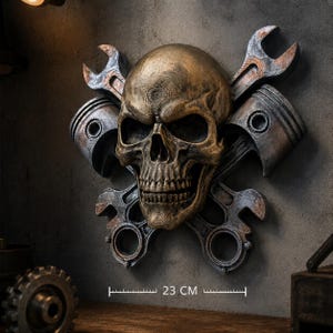 May include: A wall-mounted decorative piece featuring a central human skull in a metallic bronze finish, flanked by two engine pistons and two crossed wrenches in a weathered steel texture. A ruler graphic indicates a width of 23 cm.