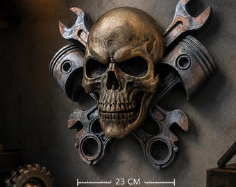 Mechanical Skull Wall Decoration 23cm – Steampunk Skull Sculpture, Gothic Wall Art, Garage Decor, Workshop Decor, Biker Decor, Gift for Men