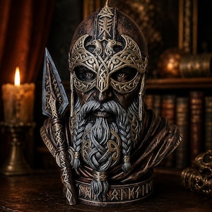 Könnte beinhalten: Eine bronzefarbene Büste eines bärtigen Kriegers mit einem verzierten Helm, der Rabenmotive und komplizierte Knotenmuster aufweist. Die Figur hat einen langen, geflochtenen grauen Bart und hält einen Speer. Der Sockel ist mit Runen verziert.