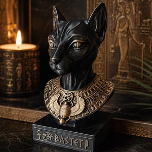 Può includere: Busto di Bastet nero e oro, raffigurante la testa di un gatto con dettagli intricati e un collare decorativo. La base è incisa con geroglifici e il nome "BASTET". Una candela accesa è sullo sfondo.