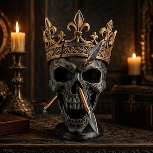 Puede incluir: Una escultura de cráneo humano gris que lleva una corona dorada detallada con adornos de flor de lis. Dos puntas de lanza metálicas están incrustadas en el cráneo, una perforando la frente y otra sobresaliendo de la cavidad nasal.