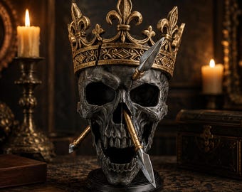 Crowned King's Skull 24 cm, Skull Statue with Crown and Arrows, Medieval Gothic Sculpture, Dark Fantasy Decor