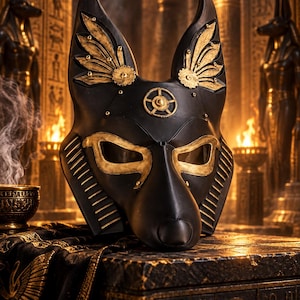 Può includere: Una maschera nera a forma di sciacallo con accenti color oro attorno agli occhi, alle orecchie e alla fronte. La maschera presenta un emblema circolare sulla fronte, dettagli stilizzati a forma di ala sulle orecchie e barre dorate verticali sui lati.