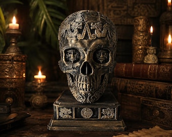 Aztec Skull 15 cm, Black Bronze Mayan Skull Statue, Tribal Gothic Sculpture, Cabinet of Curiosities Decor