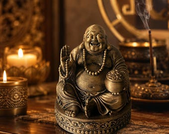 Laughing Buddha of Wealth 13 cm, Black Bronze Lucky Charm Statue, Feng Shui Decor, Buddha of Abundance Figurine, Zen Gift