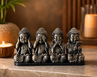 4 Small Wise Buddhas 15cm – Black Bronze Zen Statue, Spiritual Decorative Buddha Figurine, Asian Decoration, Wellness Gift