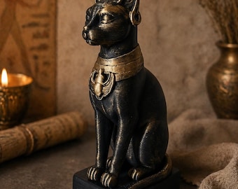 Egyptian Bastet Cat Statue, Black and Gold – Ancient Egyptian Decoration, Mystical Cat Figurine, Gothic Altar Sculpture, Gift for Cat Lovers