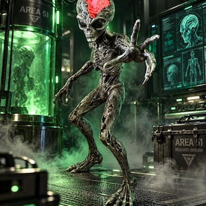 Op de afbeelding: Een metalen, skeletachtige alienfiguur met een zichtbaar, gloeiend roze brein staat in een laboratorium. Het wezen heeft langgerekte ledematen, scherpe klauwen en een getextureerd, verweerd oppervlak. Op de achtergrond bevat een glazen tank met het label AREA 51 een ander exemplaar, terwijl een zwarte koffer met de tekst AREA 51 RESEARCH DIVISION in de buurt staat.