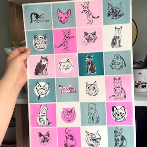 Cats A3 risograph - 3 colour illustrated print checkerboard patchwork