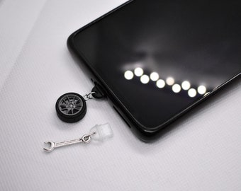 Car Wheel Phone Dust Plug, Wrench Phone Charm Accessories, iPhone Android Dust Plug