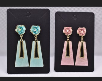 Cute Pink/Blue Rose Dangle Earrings, Clip-On Optional
