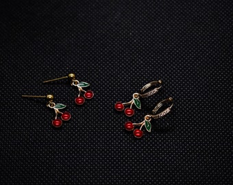 Cute Cherry Studs Hoop Earrings, Mini Charm Hoop Earrings, Fruit Charm Jewelry