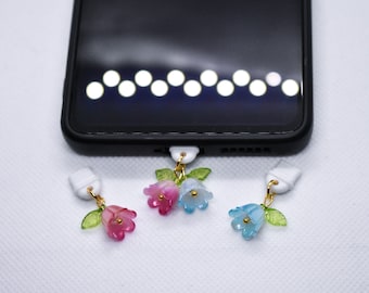 Cute Pink Blue Flower Phone Dust Plug, Phone Charms Accessories, iPhone Android Type-C Aux Dust Plug