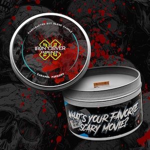 What's Your Favorite Scary Movie Scream Inspired Wood Wick Candle Caramel Popcorn image 1