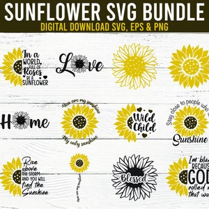 Pacote SVG de girassol 12 designs Girassol SVG, Flor Svg, Monograma Svg, Meio girassol Svg, Arquivo Svg de girassol, Arquivo cortado Cricut, Silhueta