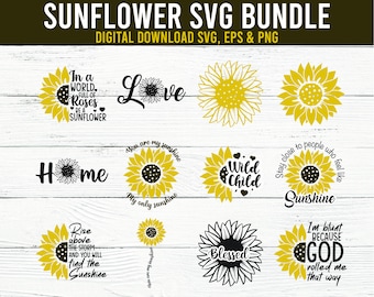 Peut inclure: Un lot de 10 designs SVG de tournesol à télécharger numériquement. Les designs présentent diverses phrases et dictons, notamment "Dans un monde plein de roses, soyez un tournesol", "Amour", "Maison", "Vous êtes mon rayon de soleil", "Enfant sauvage", "Restez proche des gens qui se sentent comme le soleil", "Levez-vous au-dessus de la tempête et vous trouverez le soleil", "Bénis", et "Je suis franc parce que Dieu m'a fait comme ça".