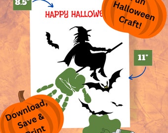 Capture the Moment With Handprints | Witch Flying Broomstick with Bats | Halloween Kids Handprint Craft | Printable | Digital Download